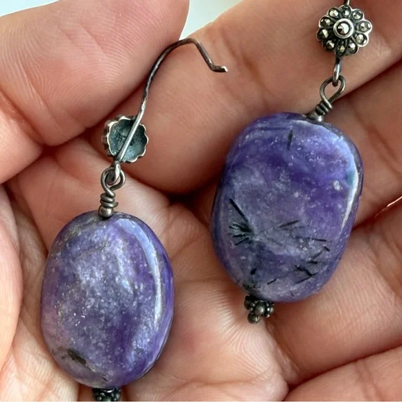 Handmade Chariote Purple Gemstone Sterling Silver Boho Dangle Earrings - Picture 5 of 17